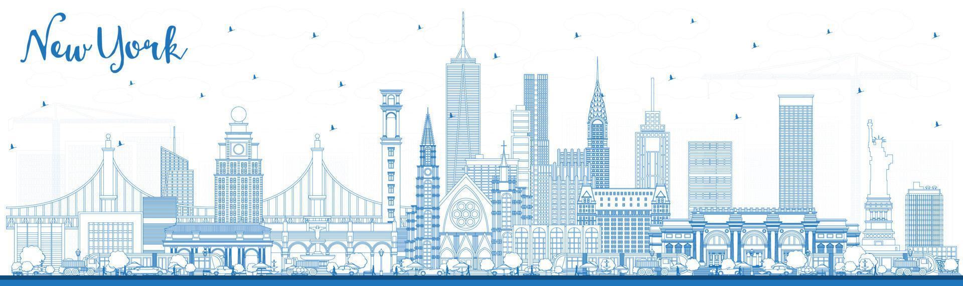 Outline New York USA City Skyline with Blue Buildings. vector