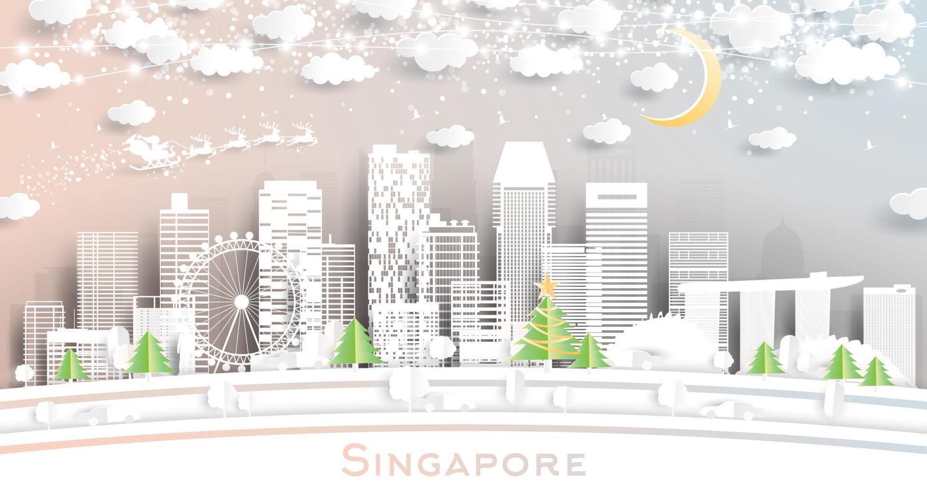 horizonte de la ciudad de singapur en estilo de corte de papel con copos de nieve, luna y guirnalda de neón. vector