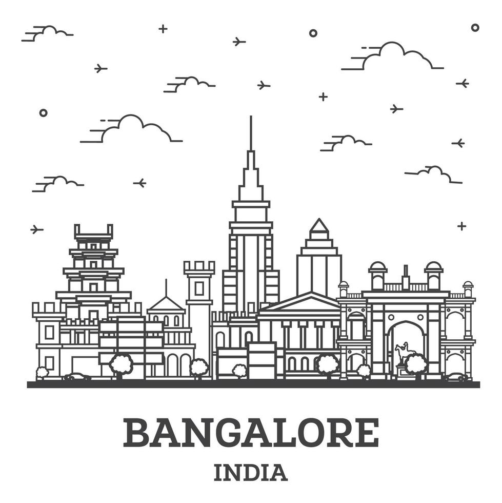 delinear el horizonte de la ciudad de bangalore india con edificios históricos aislados en blanco. vector