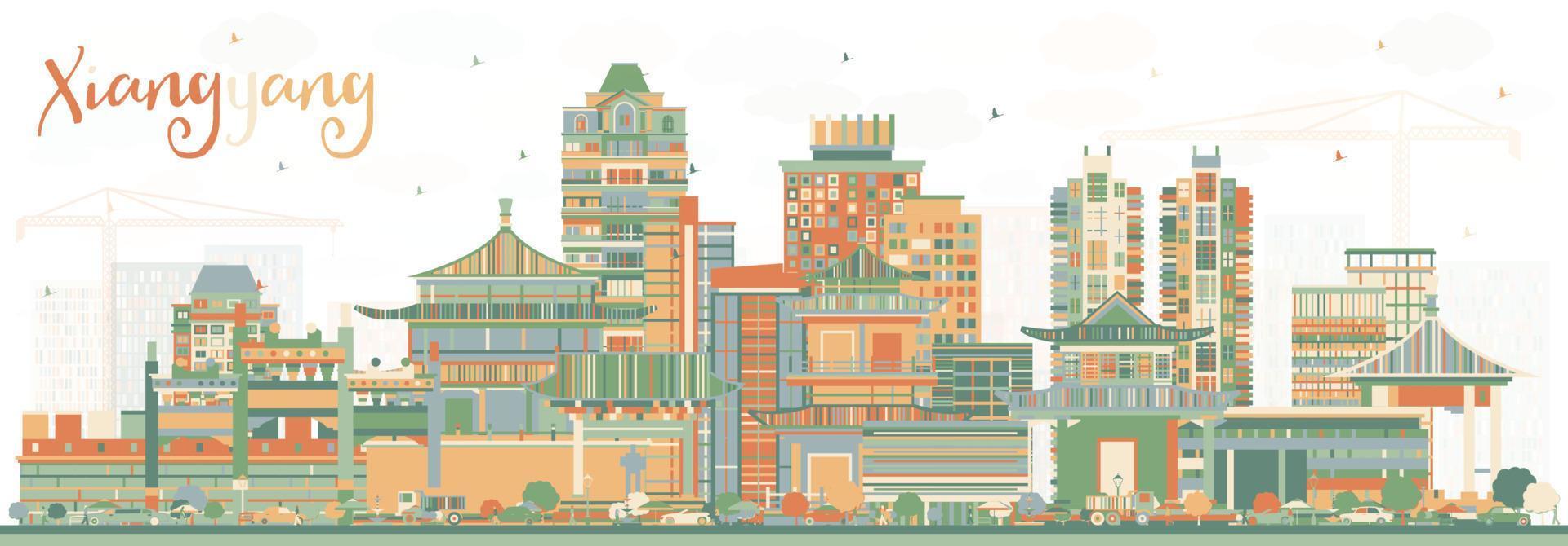 Xiangyang China City Skyline with Color Buildings. vector