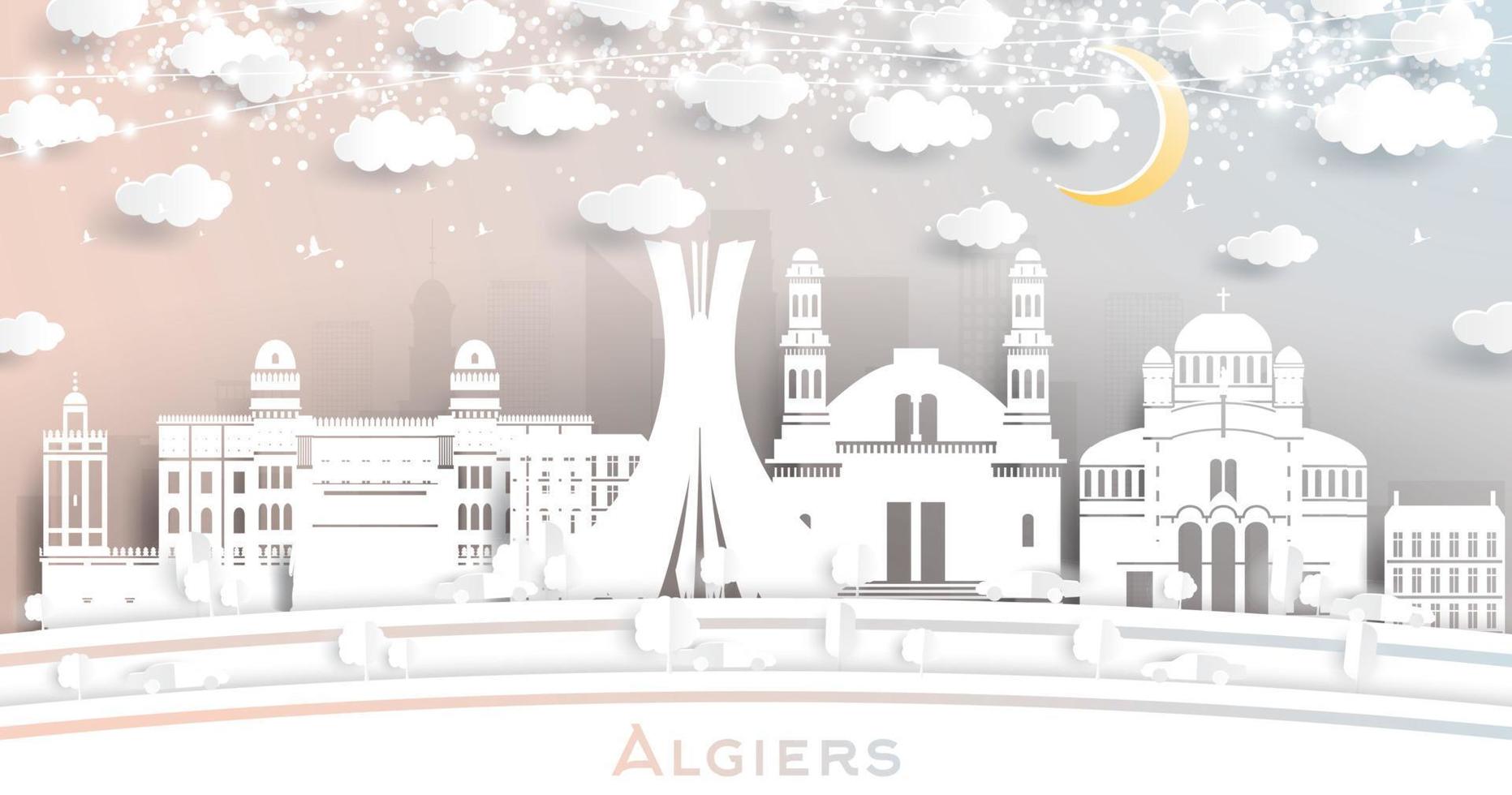 Algiers Algeria City Skyline in Paper Cut Style with White Buildings, Moon and Neon Garland. vector