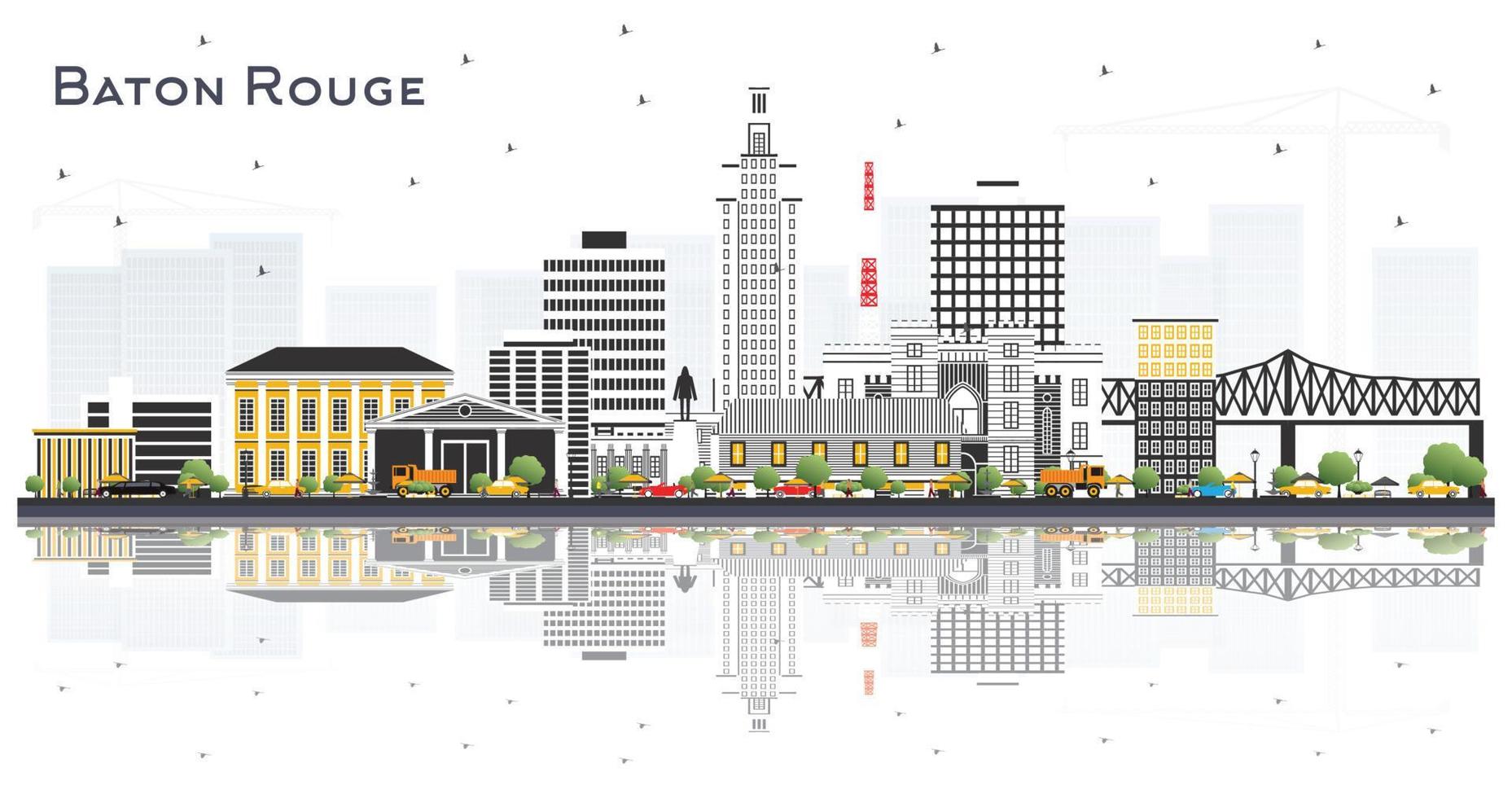 Baton Rouge Louisiana City Skyline with Color Buildings and Reflections Isolated on White. vector