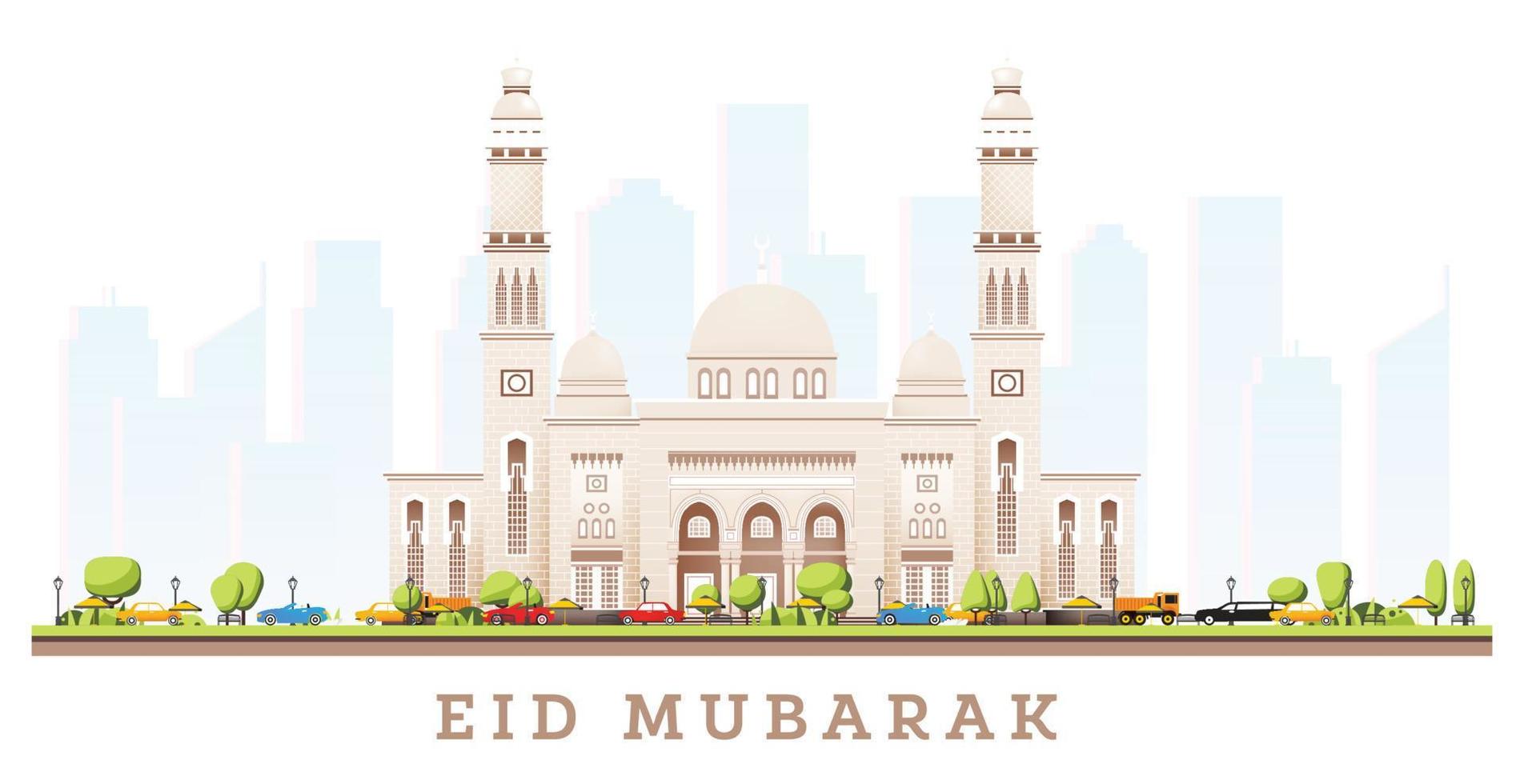 ramadhan kareem. saludos de eid mubarak con la mezquita jumeirah aislada en blanco. vector