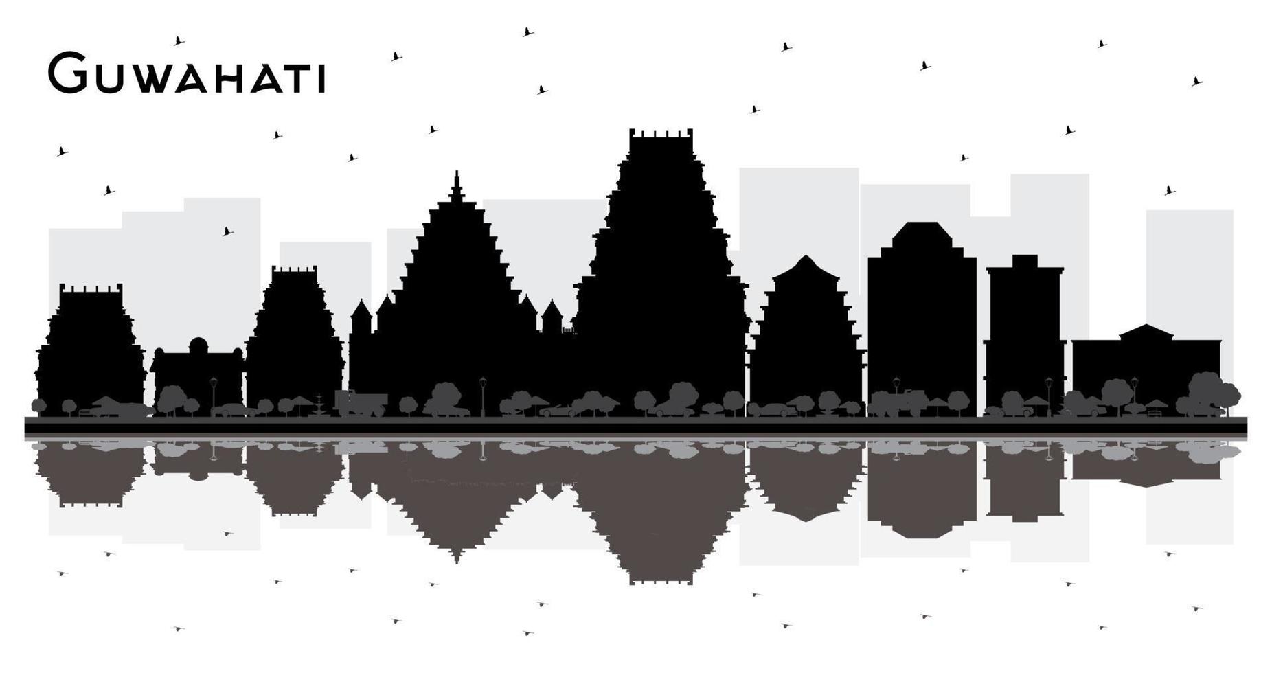 Guwahati India City Skyline Silhouette with Black Buildings and Reflections Isolated on White. vector