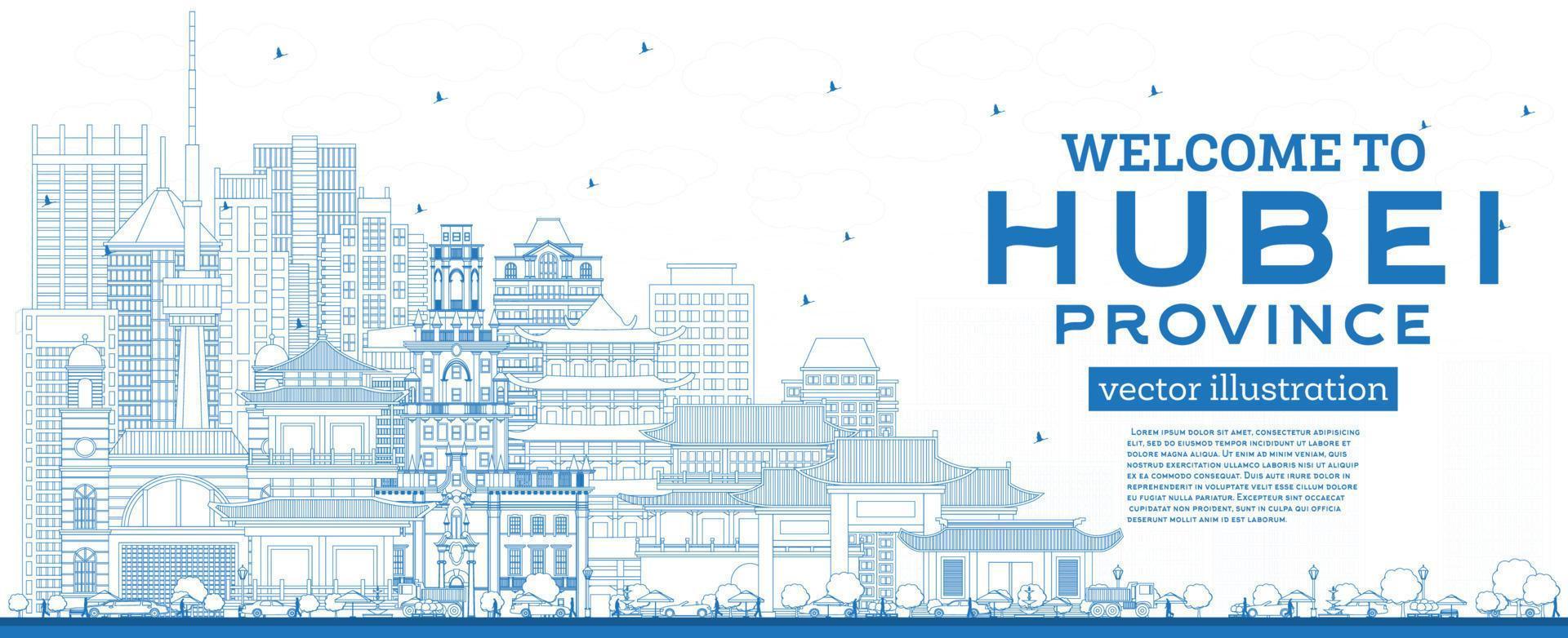 Welcome to Hubei Province in China. Outline City Skyline with Blue Buildings. vector