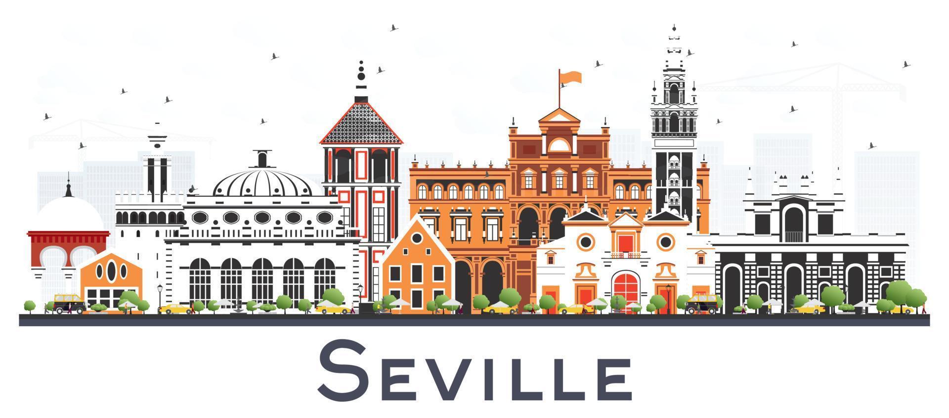 Seville Spain City Skyline with Color Buildings Isolated on White. vector
