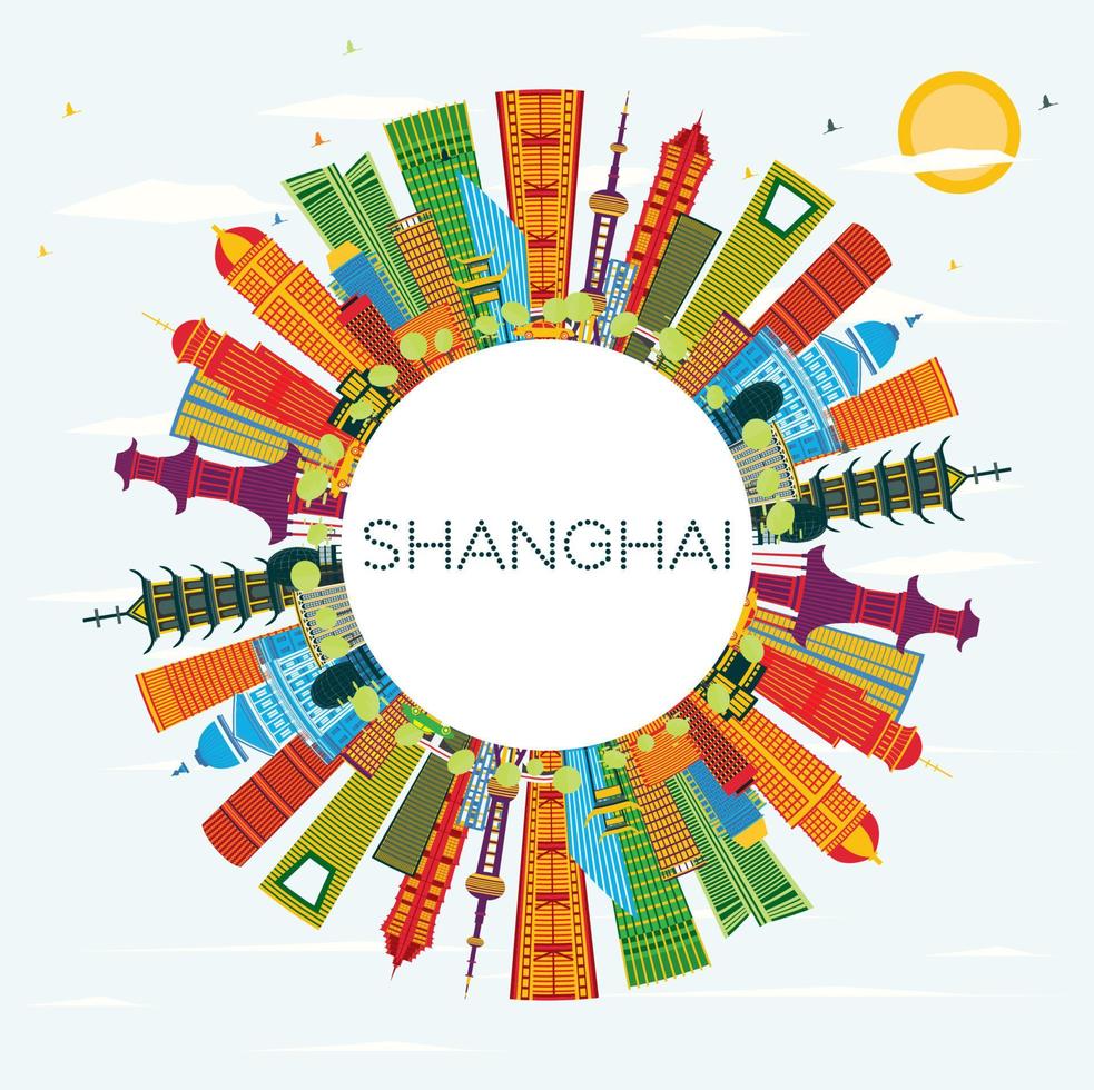 Shanghai China City Skyline with Color Buildings, Blue Sky and Copy Space. vector