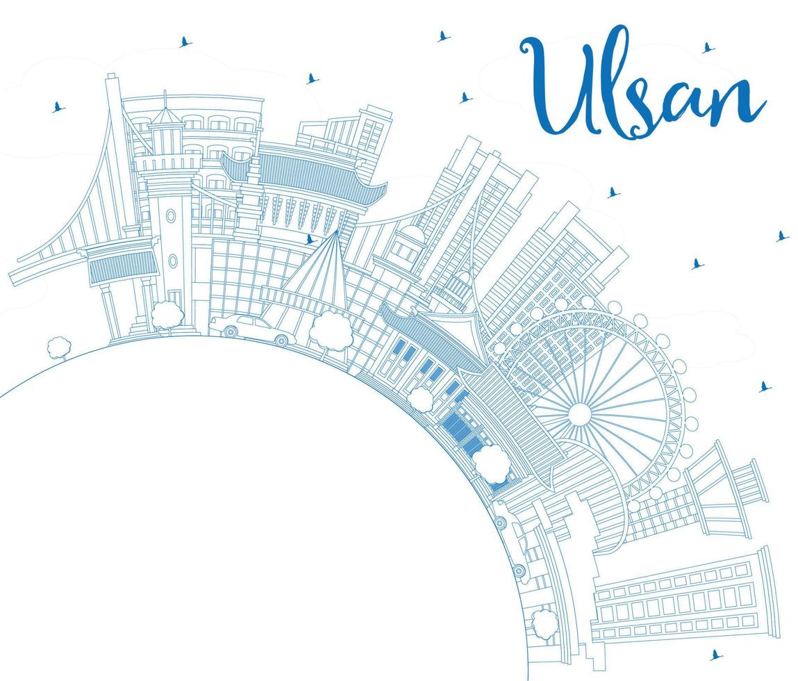 Outline Ulsan South Korea City Skyline with Blue Buildings and Copy Space. vector