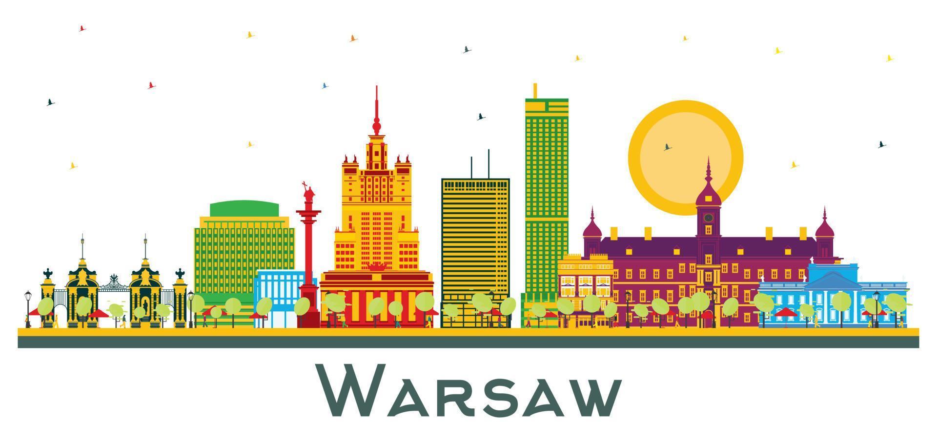 horizonte de la ciudad de varsovia polonia con edificios de color aislados en blanco. vector