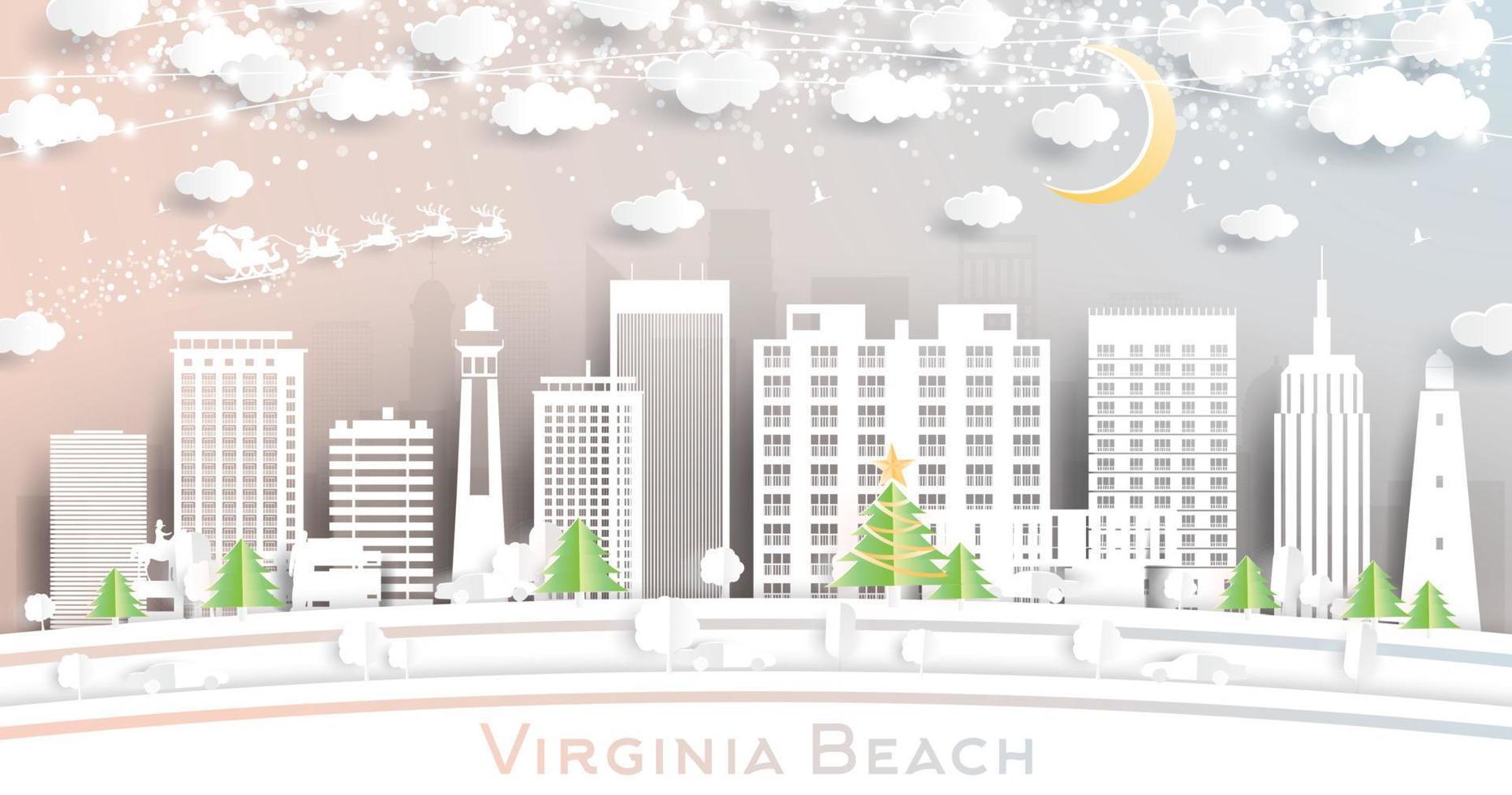 playa de virginia horizonte de la ciudad de virginia en estilo de corte de papel con copos de nieve, luna y guirnalda de neón. vector