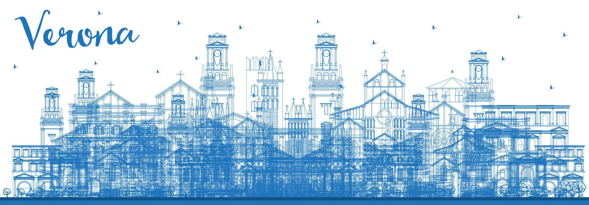 Outline Verona Italy City Skyline with Blue Buildings. vector