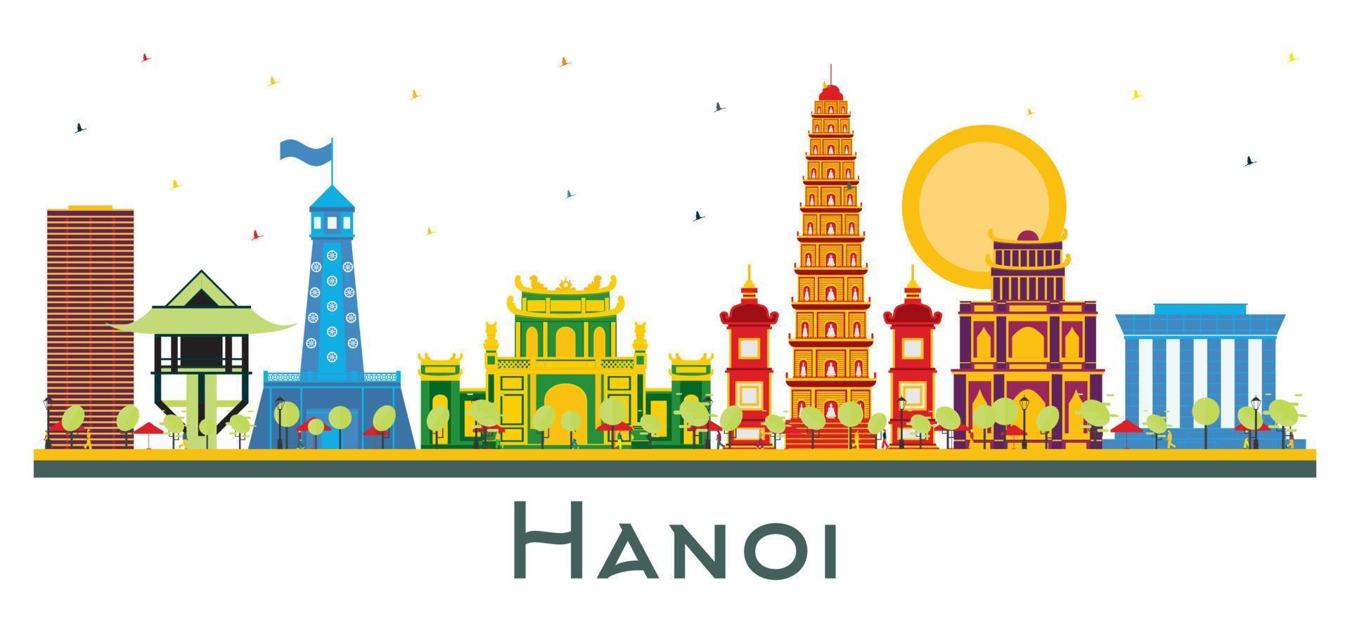 Hanoi Vietnam City Skyline with Color Buildings Isolated on White. vector