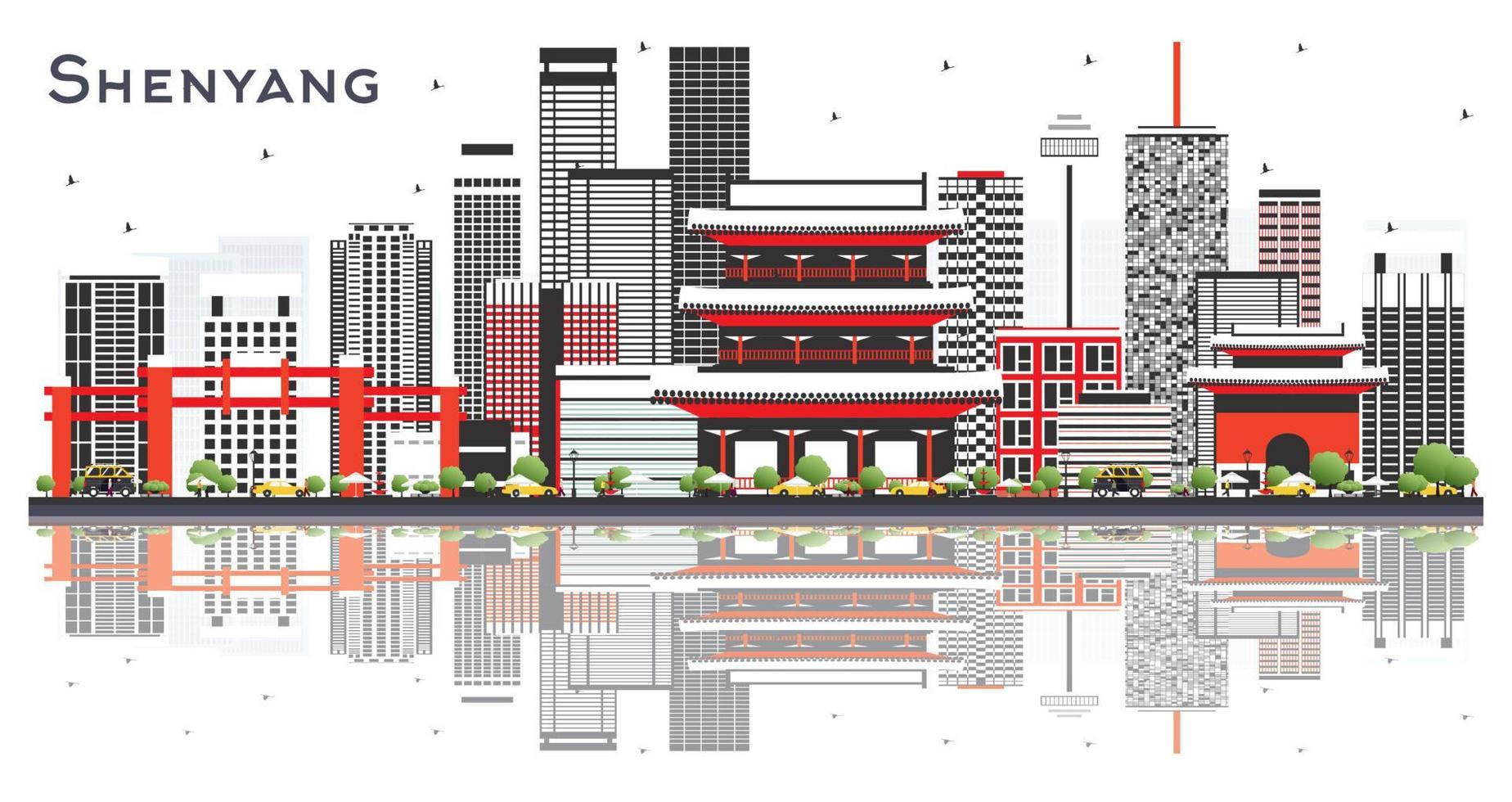 horizonte de la ciudad china de shenyang con edificios grises y reflejos aislados en blanco. vector