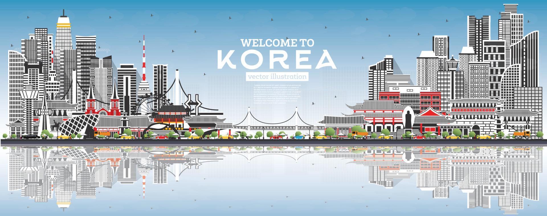bienvenido al horizonte de la ciudad de corea del sur con edificios grises, cielo azul y reflejos. vector