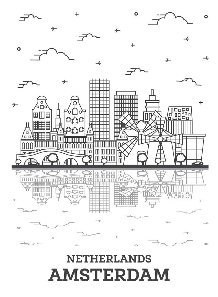 Outline Amsterdam Netherlands City Skyline with Historic Buildings and Reflections Isolated on White. vector