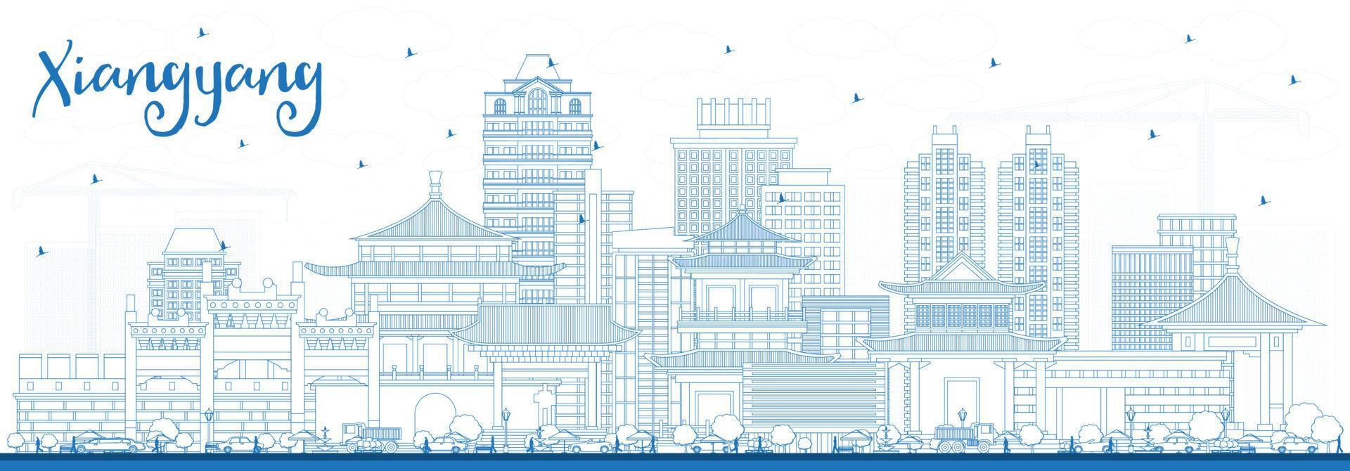 Outline Xiangyang China City Skyline with Blue Buildings. vector