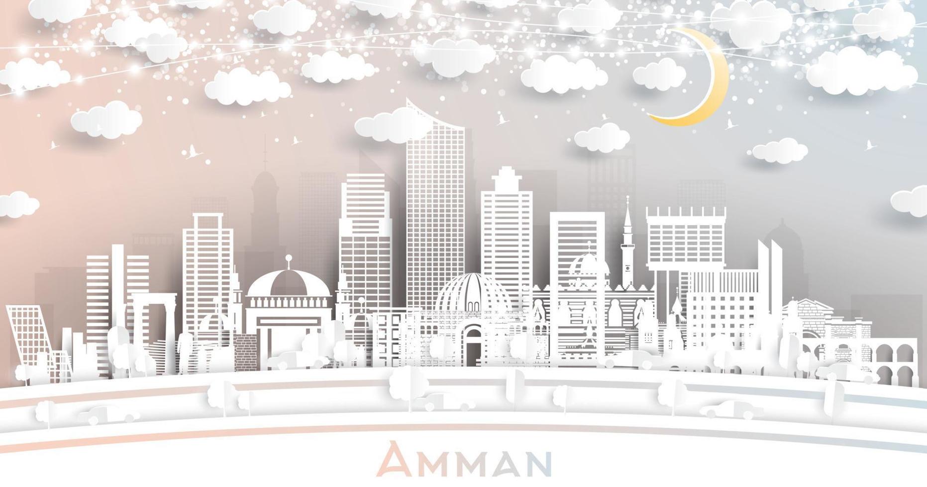 horizonte de la ciudad de amman jordan en estilo de corte de papel con edificios blancos, luna y guirnalda de neón. vector