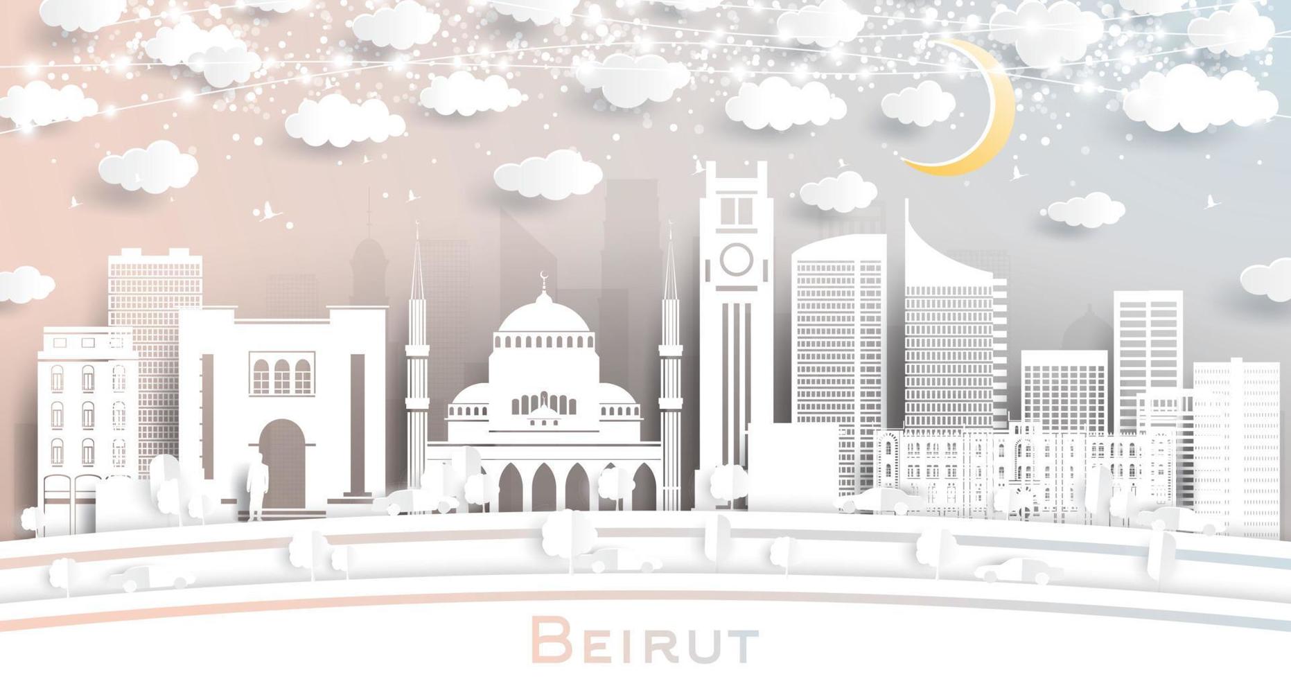 el horizonte de la ciudad de beirut, líbano, en estilo de corte de papel con edificios blancos, luna y guirnalda de neón. vector