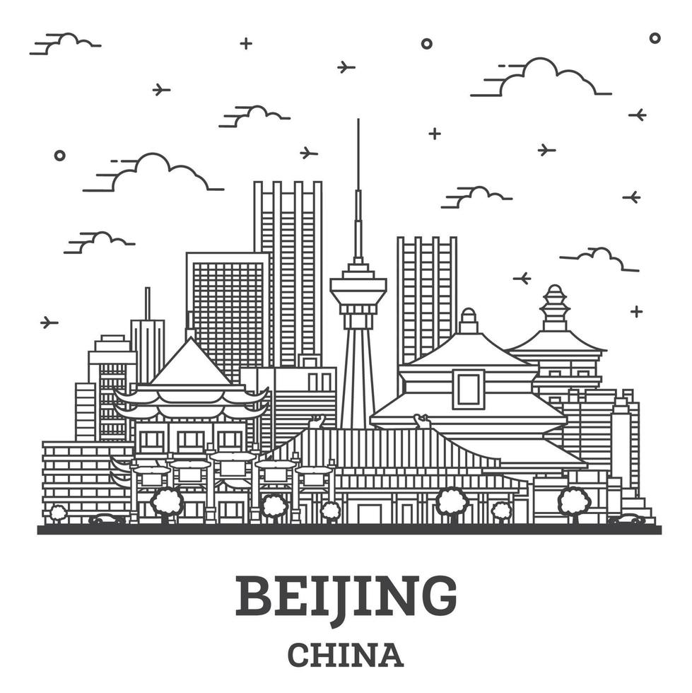 Outline Beijing China City Skyline with Modern Buildings Isolated on White. vector