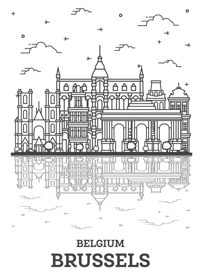 delinear el horizonte de la ciudad de bruselas, bélgica, con edificios históricos y reflejos aislados en blanco. vector