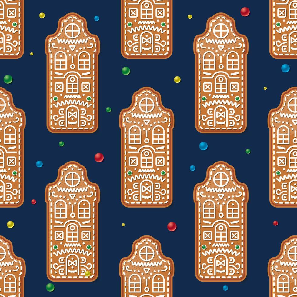 Seamless Pattern with Christmas Gingerbread House on Blue. Vector Illustration.