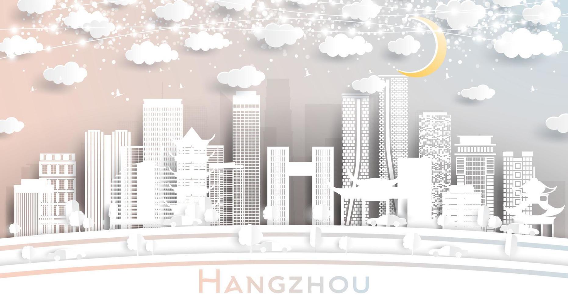 Hangzhou China City Skyline in Paper Cut Style with White Buildings, Moon and Neon Garland. vector
