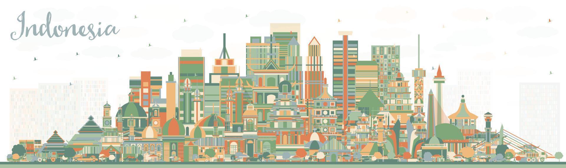 horizonte de las ciudades de indonesia con edificios de color. vector