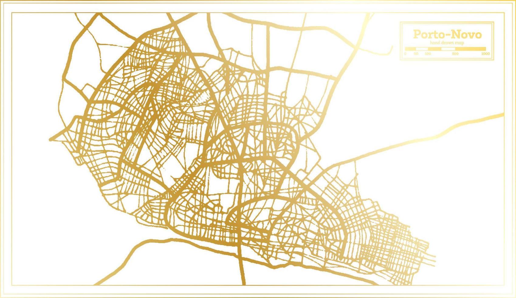 mapa de la ciudad de porto novo benin en estilo retro en color dorado. esquema del mapa. vector