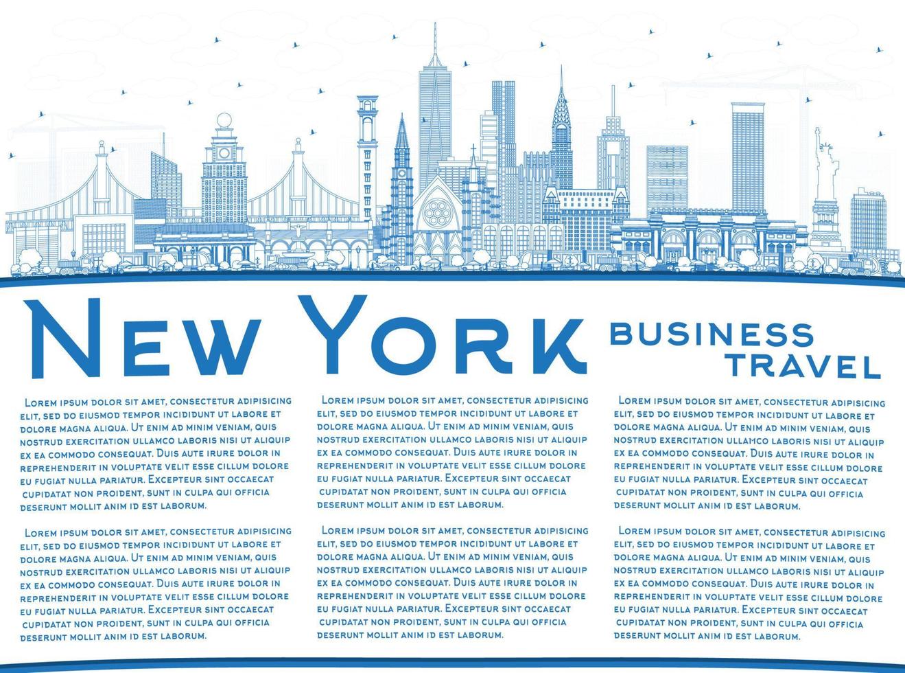 Outline New York USA City Skyline with Blue Buildings and Copy Space. vector