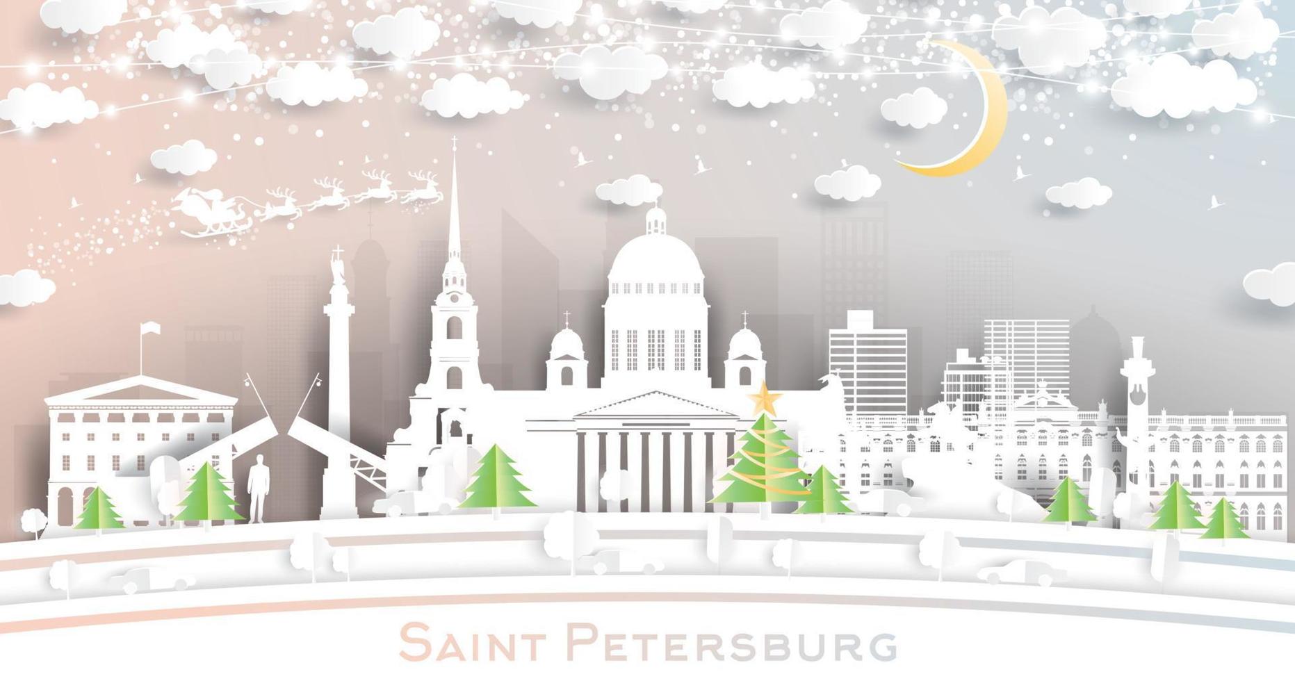 Saint Petersburg Russia City Skyline in Paper Cut Style with Snowflakes, Moon and Neon Garland. vector