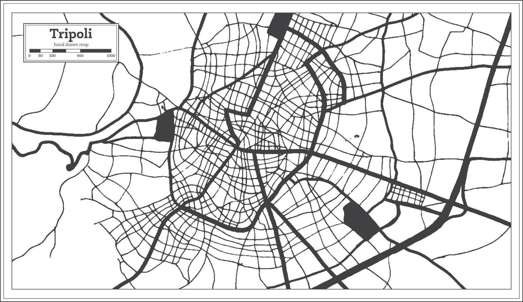 mapa de la ciudad de trípoli grecia en color blanco y negro en estilo retro. esquema del mapa. vector