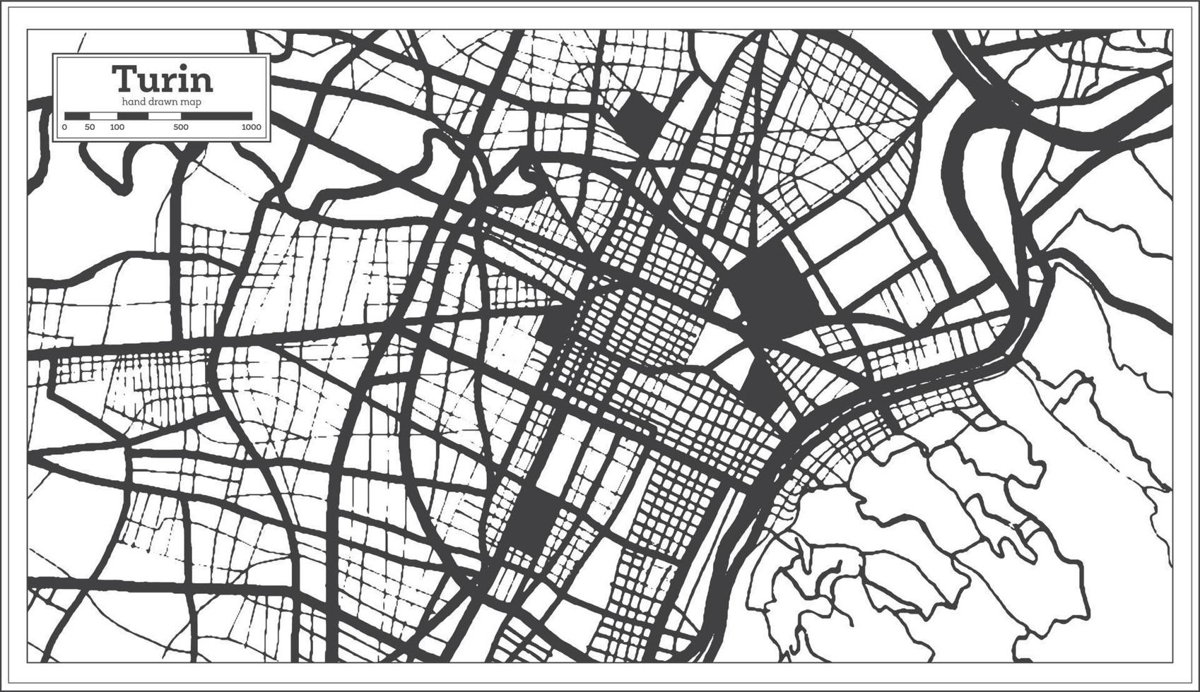 Mapa de la ciudad de Turín Italia en color blanco y negro en estilo retro. esquema del mapa. vector