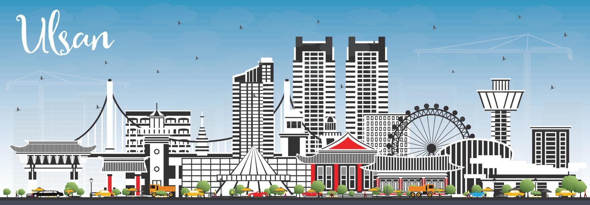 Ulsan South Korea City Skyline with Color Buildings and Blue Sky. vector