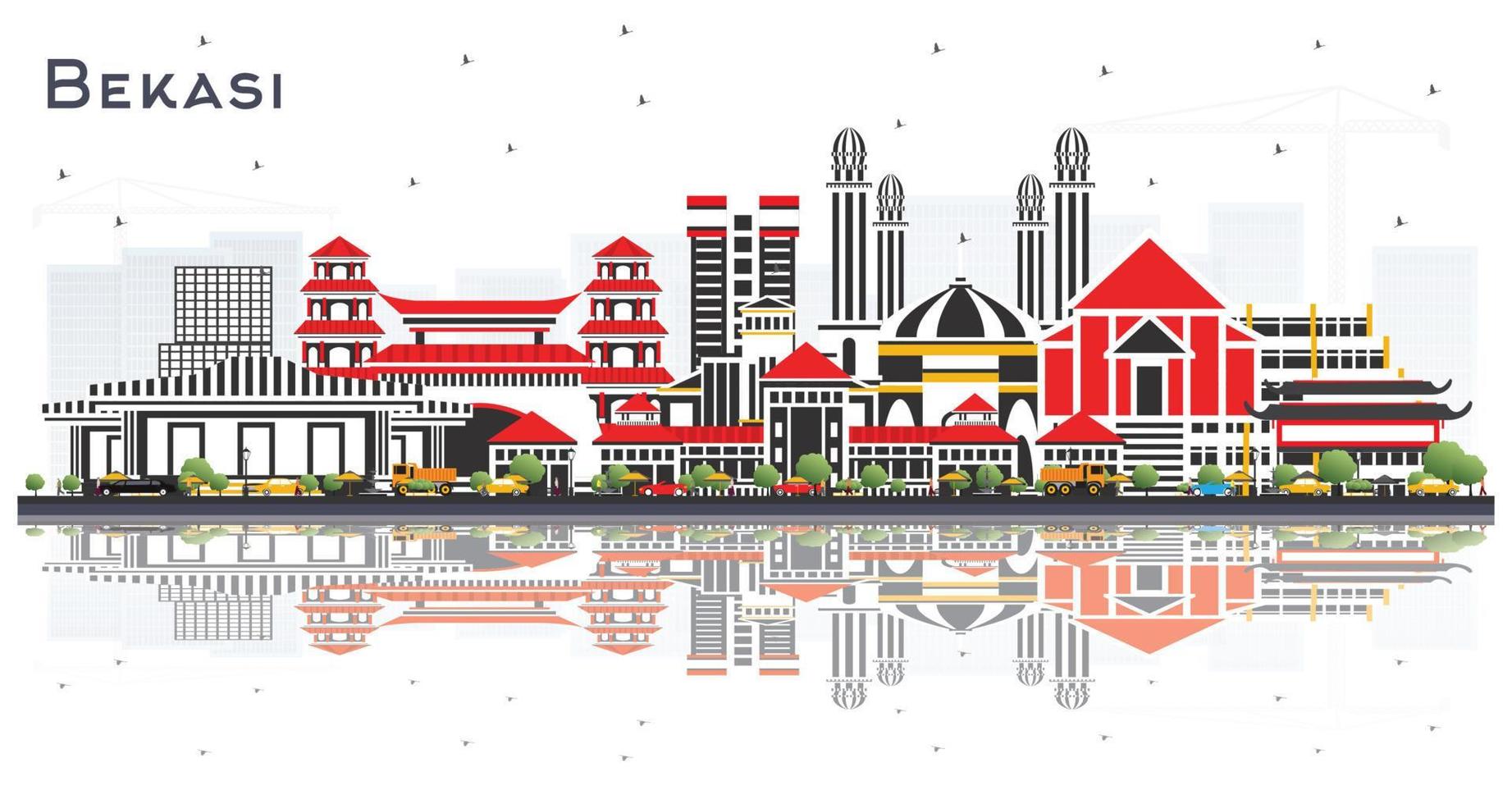 horizonte de la ciudad de bekasi indonesia con edificios de color y reflejos aislados en blanco. vector