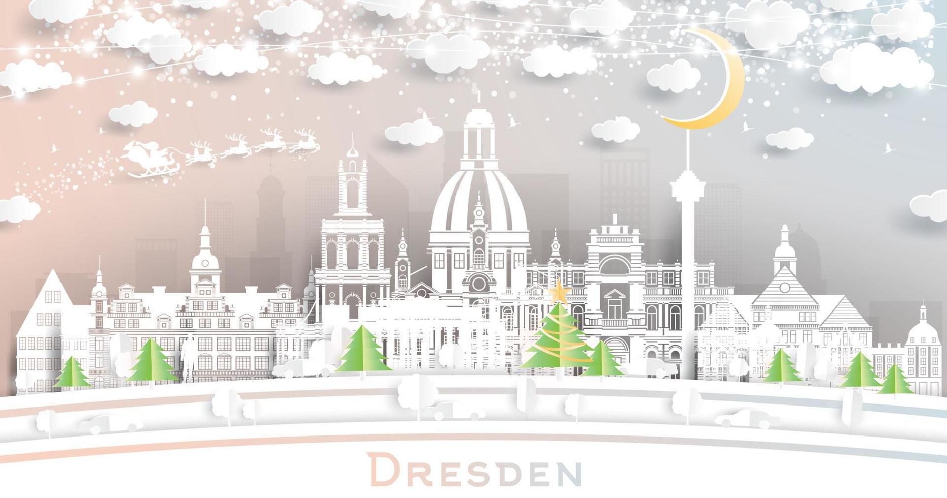 Dresden Germany City Skyline in Paper Cut Style with Snowflakes, Moon and Neon Garland. vector