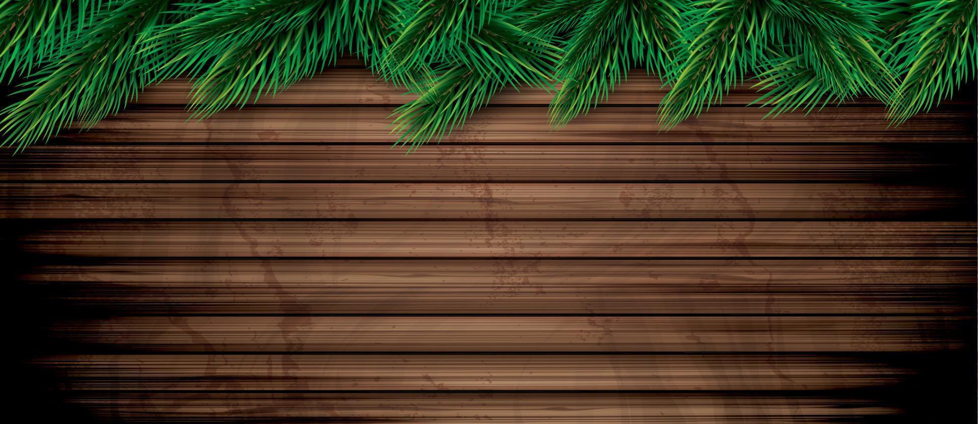 Fir Branches on Wooden Background. Pine Sprigs on Above. Christmas and New Year Decoration. vector