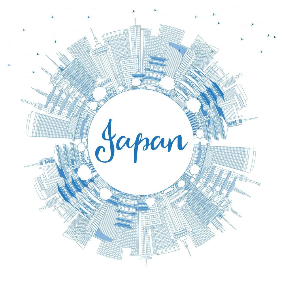 Outline Welcome to Japan Skyline with Blue Buildings and Copy Space. vector