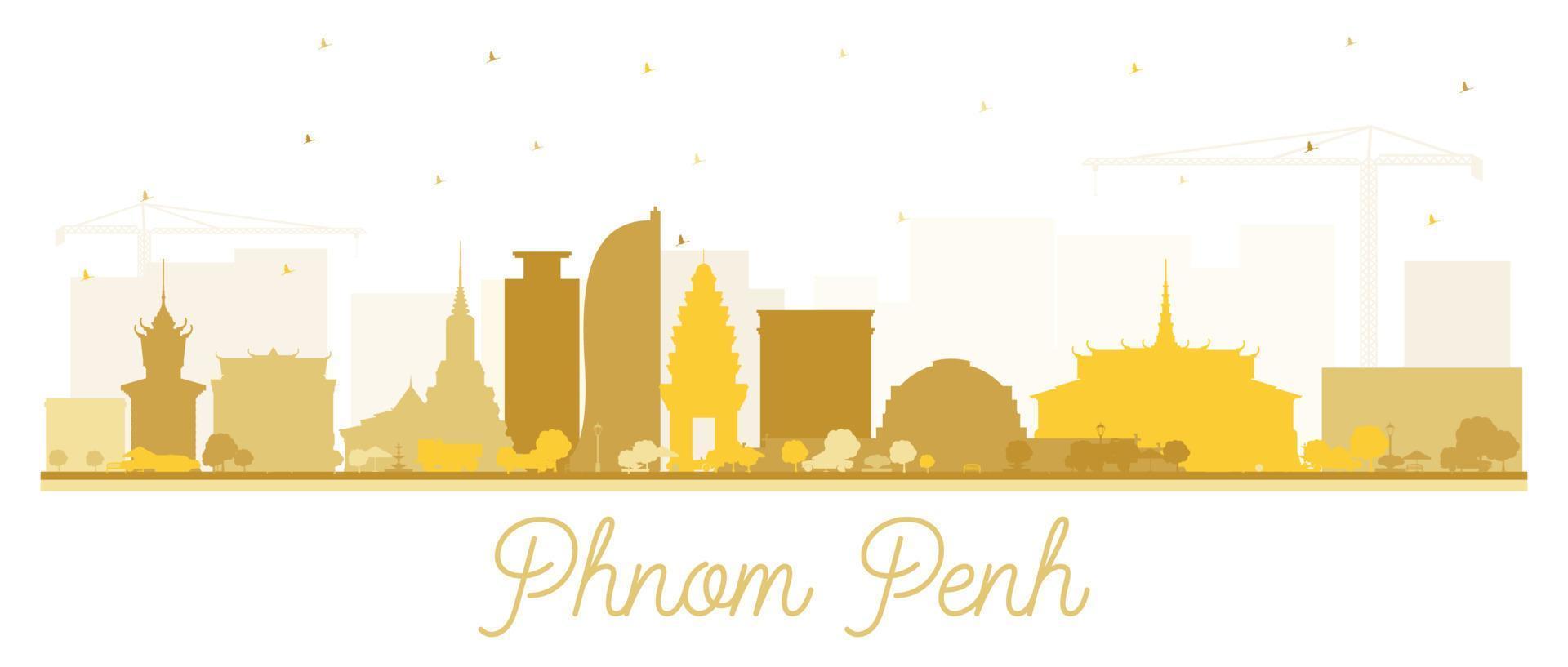 Phnom Penh Cambodia City Skyline Silhouette with Golden Buildings Isolated on White. vector