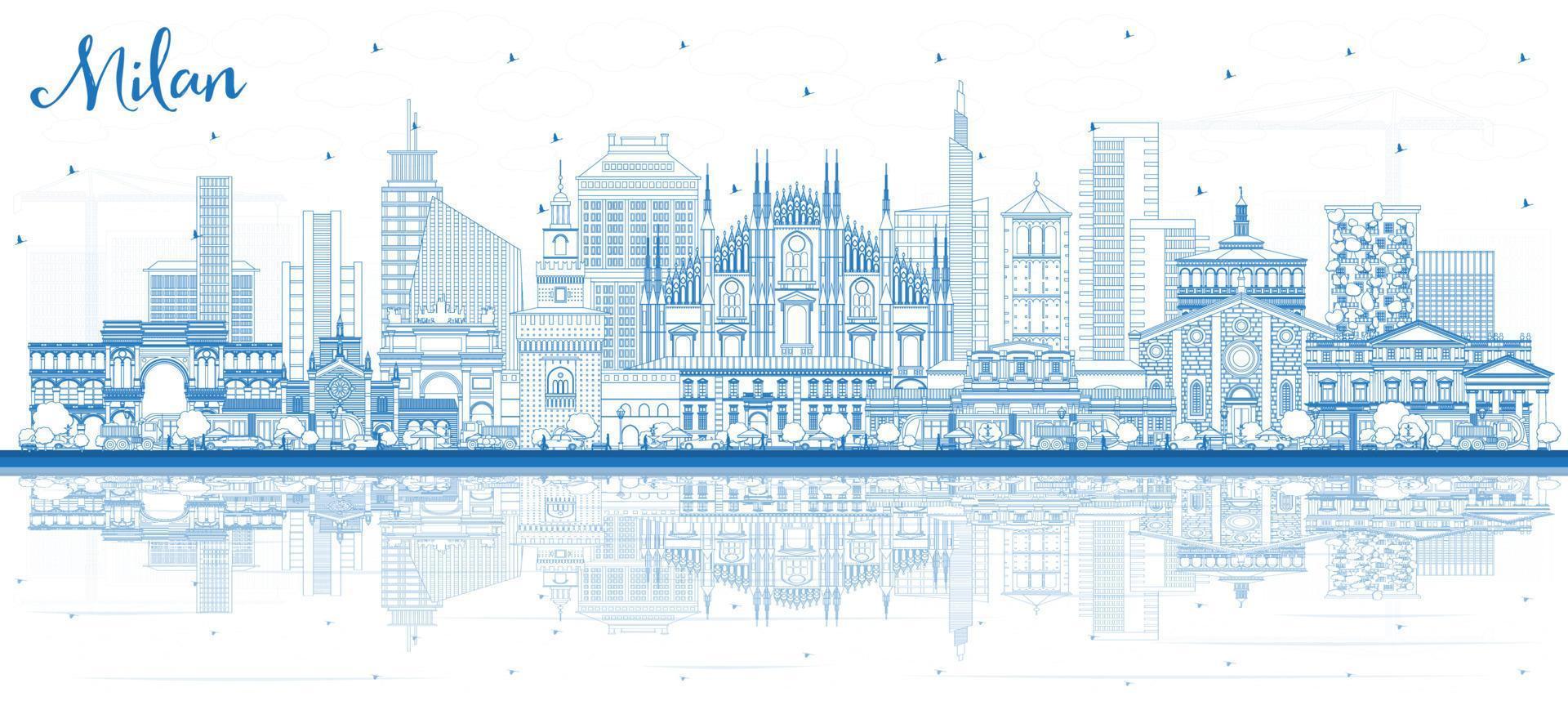Outline Milan Italy City Skyline with Blue Buildings and Reflections. vector