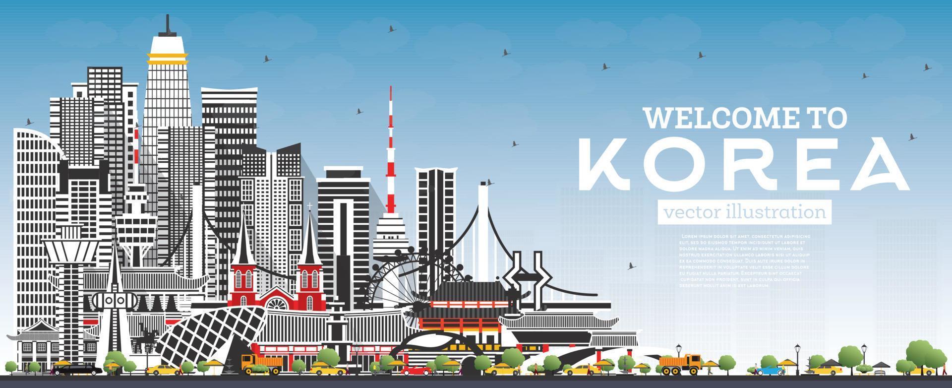 Welcome to South Korea City Skyline with Gray Buildings and Blue Sky. vector
