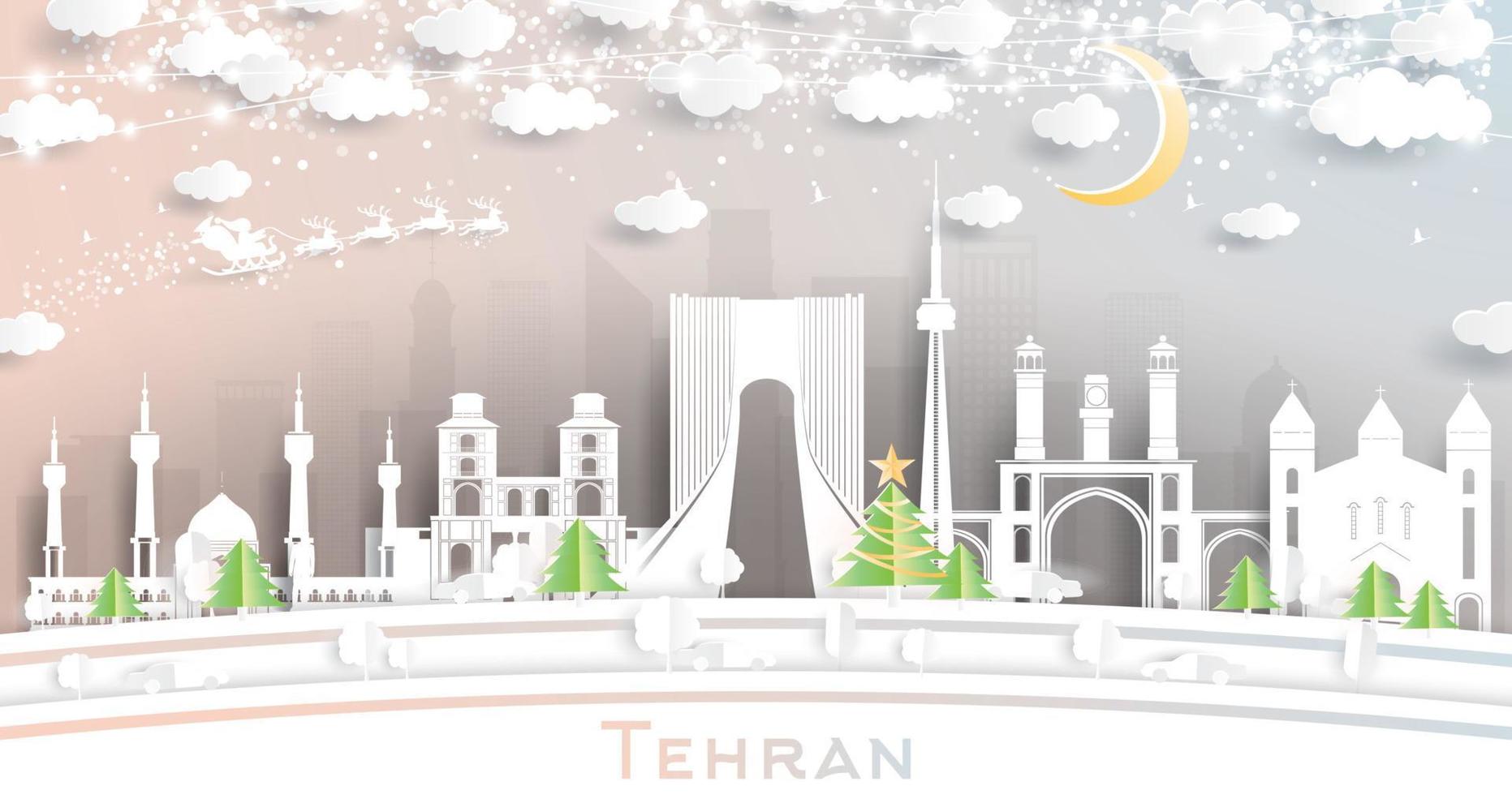 Tehran Iran City Skyline in Paper Cut Style with Snowflakes, Moon and Neon Garland. vector