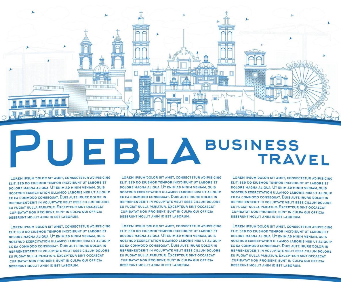 Outline Puebla Mexico City Skyline with Blue Buildings and Copy Space. vector