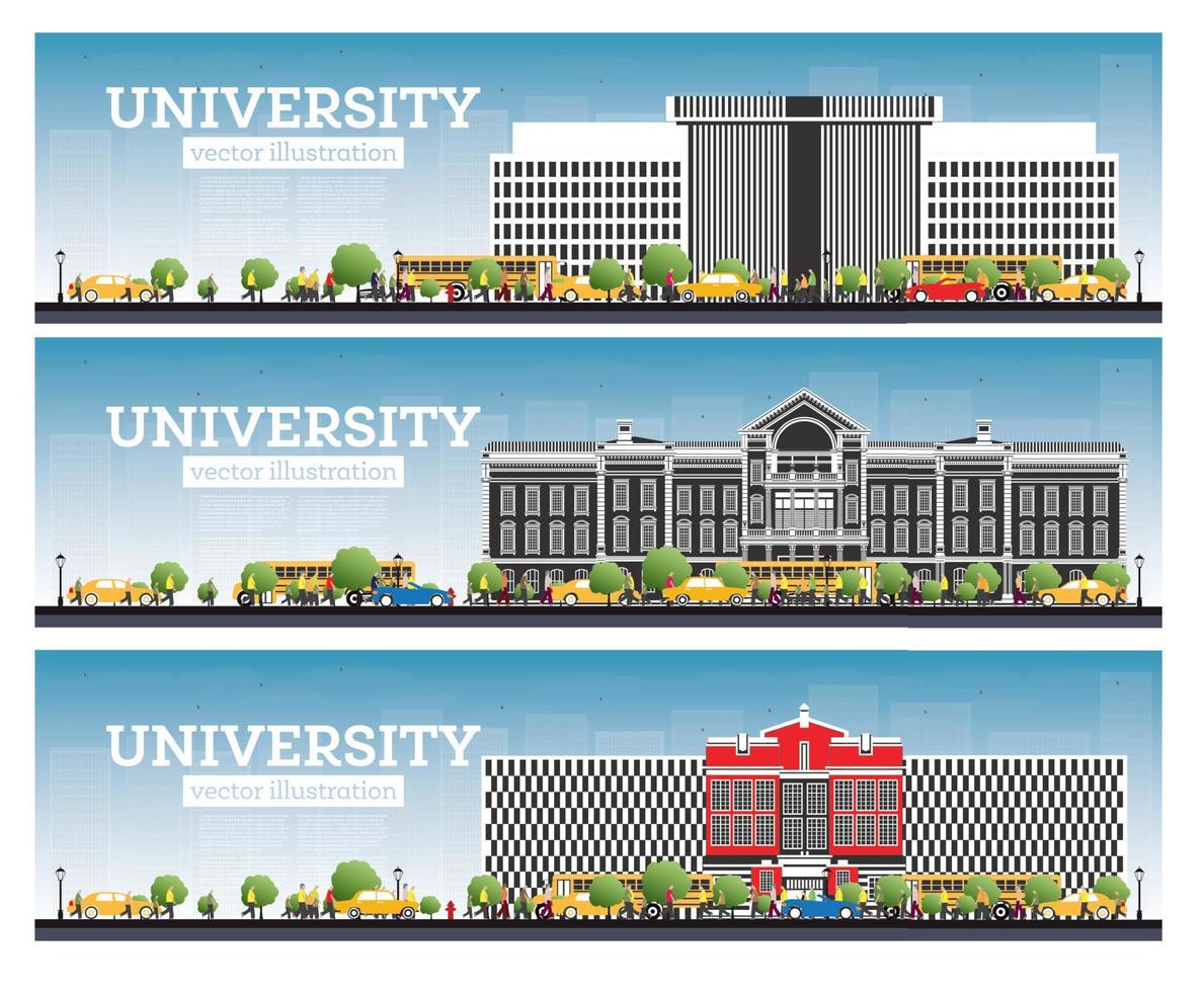 conjunto de campus universitario. estudiar pancartas. ilustración vectorial los estudiantes van al edificio principal de la universidad. vector