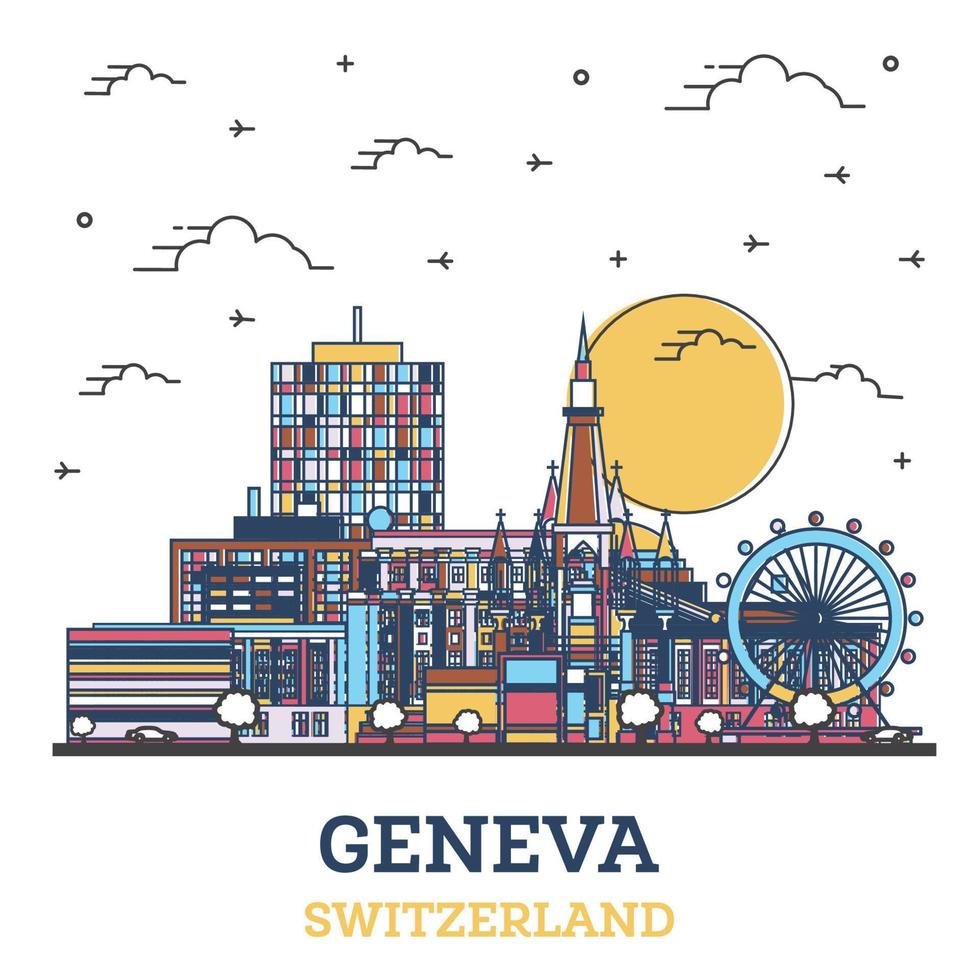 Outline Geneva Switzerland City Skyline with Colored Historic Buildings Isolated on White. vector