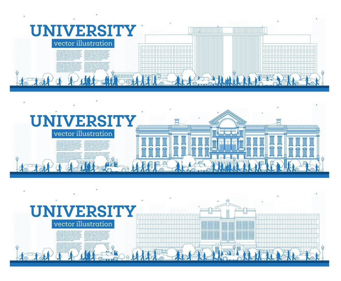 esbozar el conjunto del campus universitario. estudiar pancartas. ilustración vectorial los estudiantes van al edificio principal de la universidad. vector