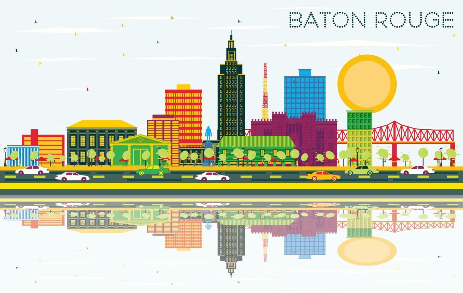 Baton Rouge Louisiana City Skyline with Color Buildings, Blue Sky and Reflections. vector