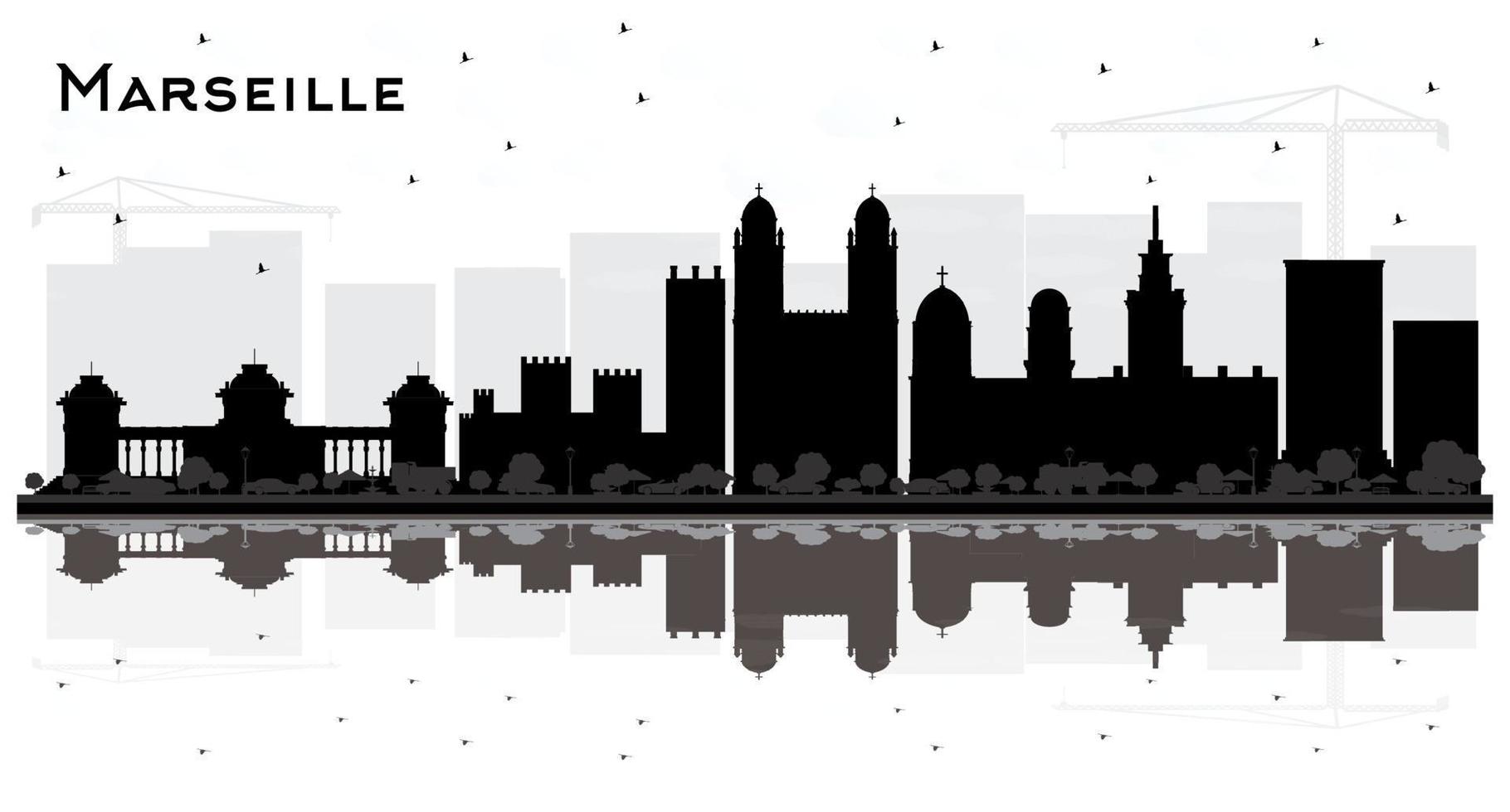 Marseille France City Skyline Silhouette with Black and White Buildings and Reflections. vector