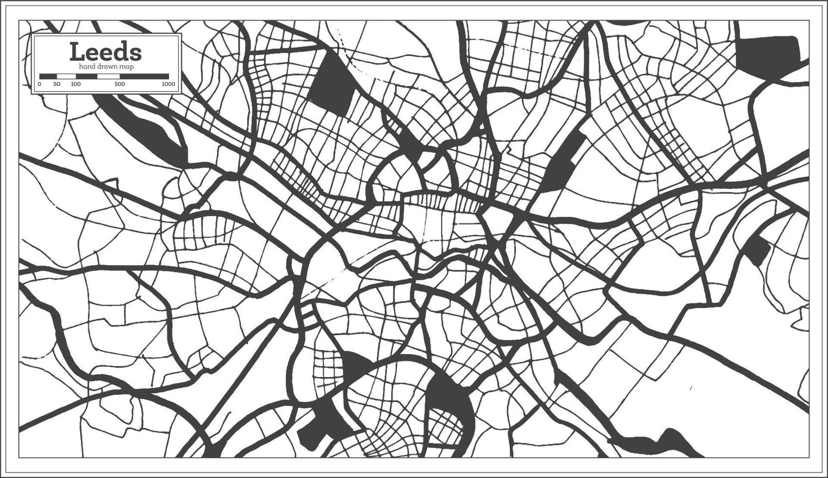 mapa de la ciudad de leeds gran bretaña en color blanco y negro en estilo retro. esquema del mapa. vector