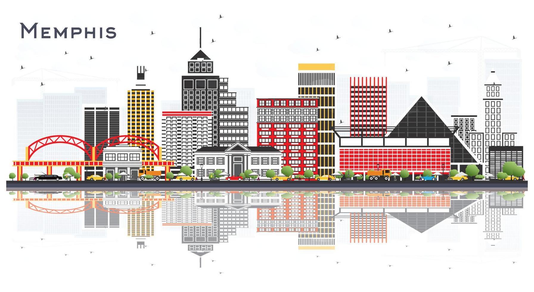 horizonte de la ciudad de memphis tennessee con edificios de color y reflejos aislados en blanco. vector