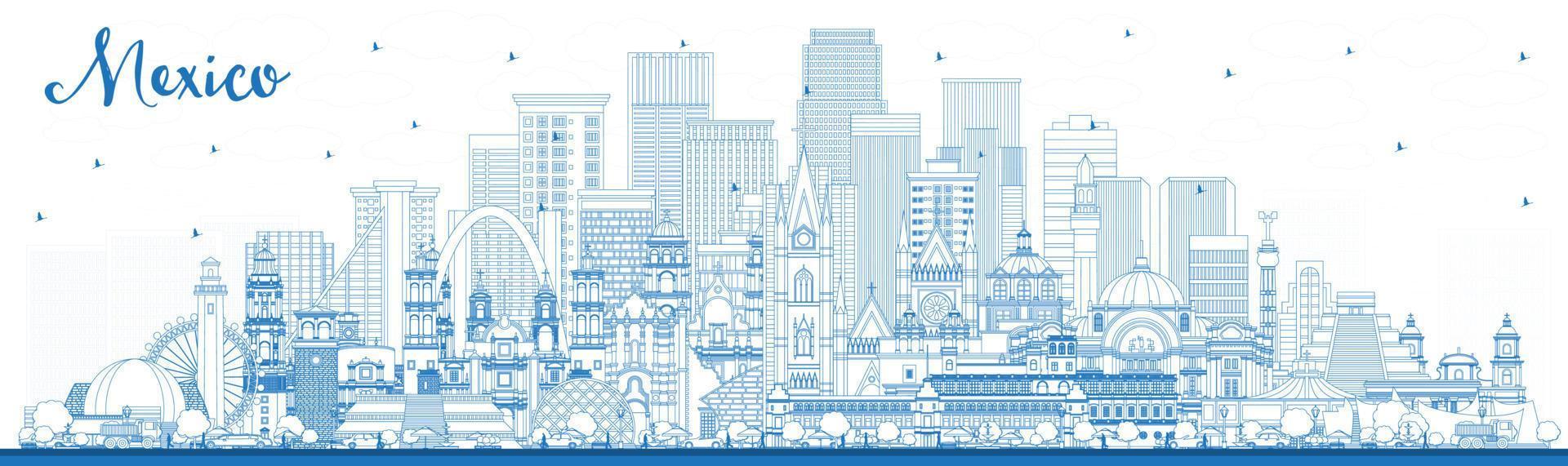 Outline Mexico Country City Skyline with Blue Buildings. vector